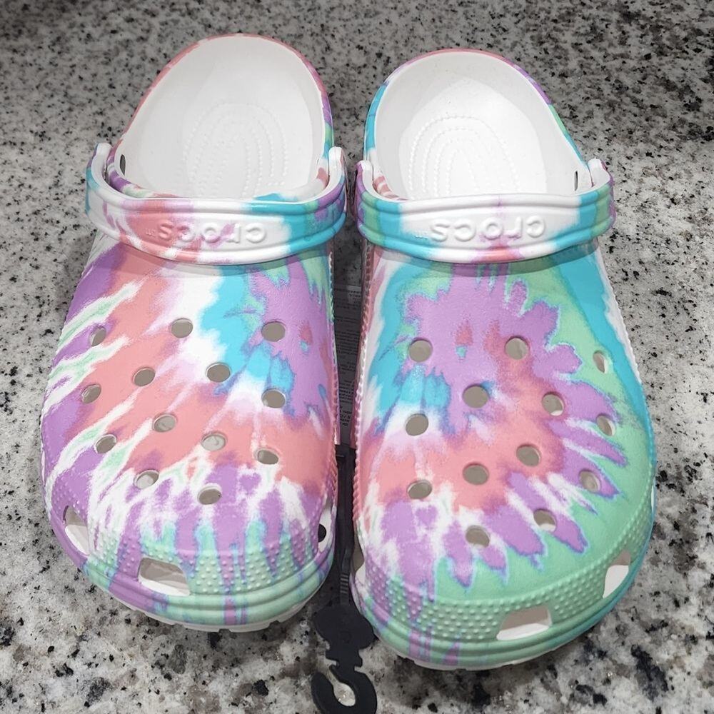 CROCS tie dye pink purple teal and blue clogs sandals men's size 12 new!
